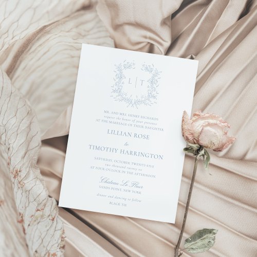 Blue Floral Line Art Monogram Crest Wedding Invitation