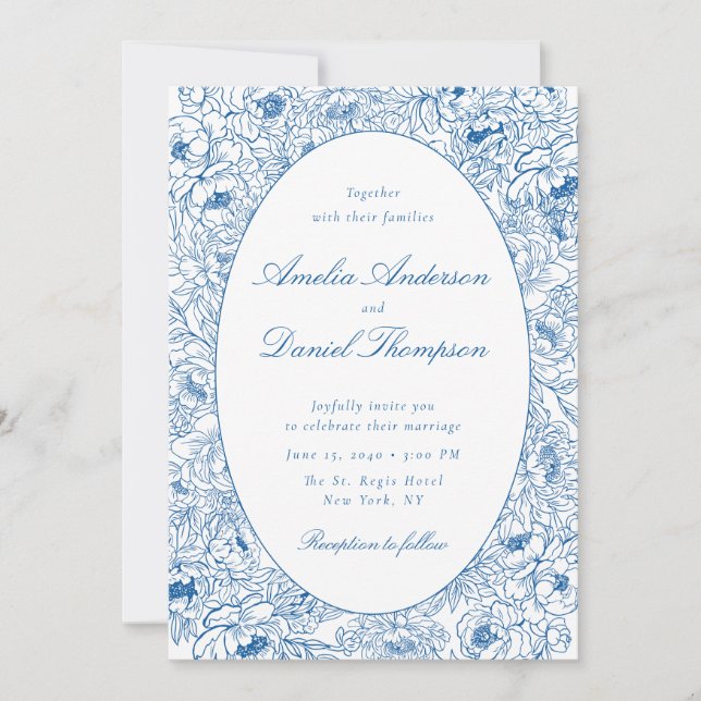 Blue Floral Line Art Wedding Invitation (Front)