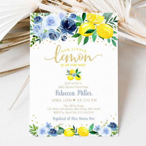 Blue Floral Little Lemon Baby Shower Invitation