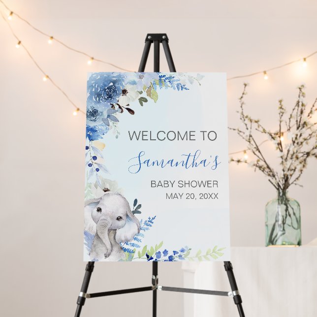 Blue Floral Little Peanut Baby Shower Welcome Sign (In Situ (Stand))