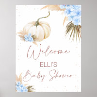 Blue Floral Little Pumpkin Baby Shower Welcome Poster