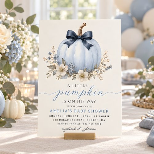 Blue Floral Little Pumpkin Boy Baby Shower Invitation
