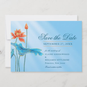 Blue Floral Lotus Wedding Save the Date Invitation