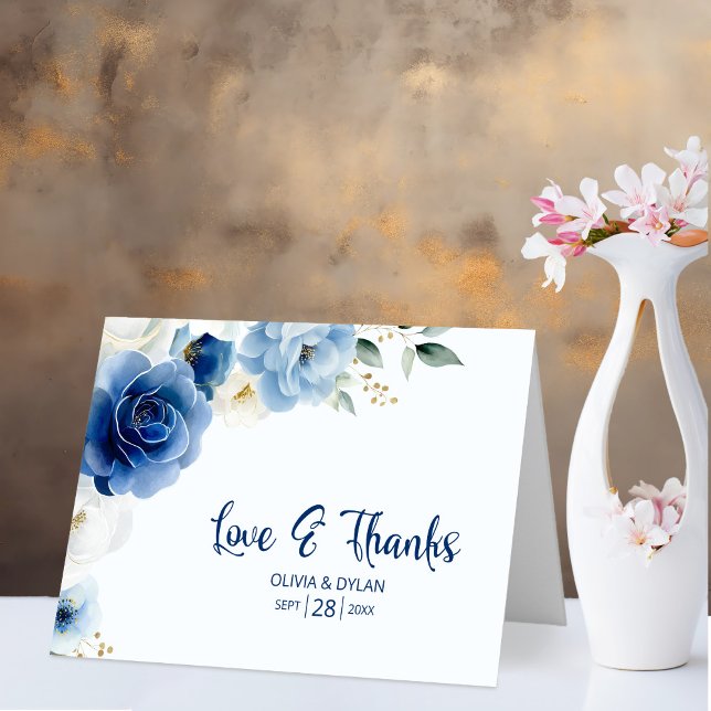 Blue Floral Love and Thanks Wedding Thank You Card (Creator Uploaded)