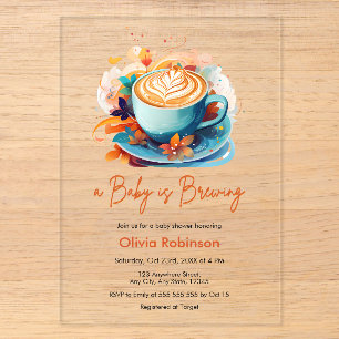 Blue Floral Love is Brewing Coffee Baby Shower Petite Acrylic Invitation