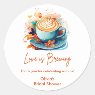 Blue Floral Love is Brewing Coffee Bridal Shower Classic Round Sticker