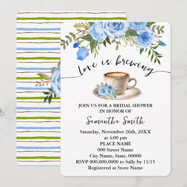 Blue Floral Love is Brewing Coffee Bridal Shower Invitation (Front/Back)