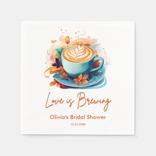 Blue Floral Love is Brewing Coffee Bridal Shower  Napkins (Front)