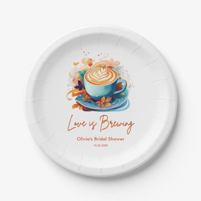 Blue Floral Love is Brewing Coffee Bridal Shower  Paper Plates (Front)