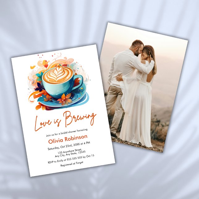 Blue Floral Love is Brewing Photo Bridal Shower  Invitation (Blue Floral Love is Brewing Photo Bridal Shower Invitation   )