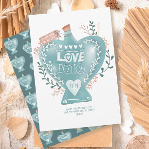 Blue floral love potion bottle Valentine day  Holiday Card