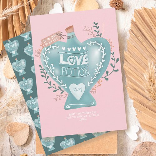 Blue floral love potion bottle Valentine day pink Holiday Card