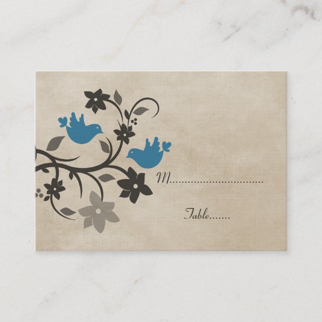 Blue Floral Lovebirds Place Card (Front)