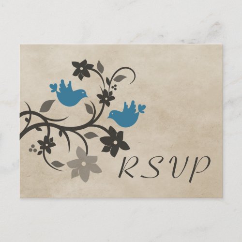 Blue Floral Lovebirds RSVP Postcard