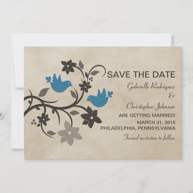 Blue Floral Lovebirds Save the Date Invite (Front)