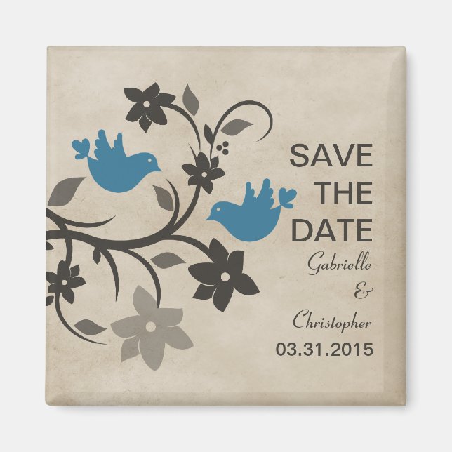 Blue Floral Lovebirds Save the Date Magnet (Front)
