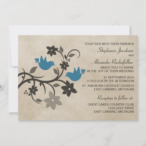 Blue Floral Lovebirds Wedding Invitation
