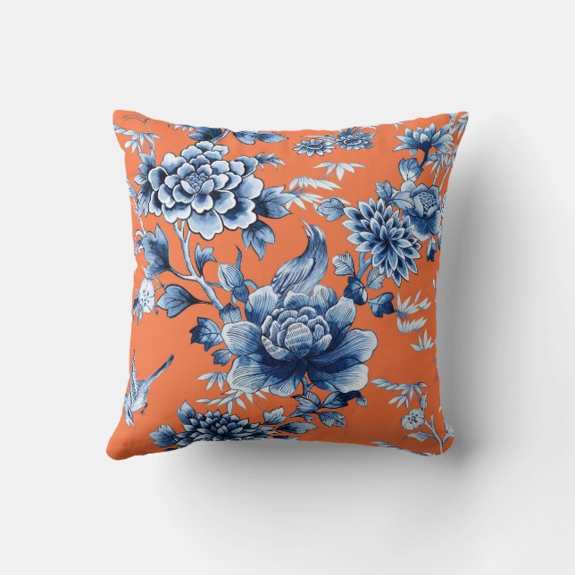 Blue Floral Luxury on Orange Throw Pillow (Back)