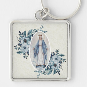 Blue Floral Madonna Virgin Mary Lace Keychain