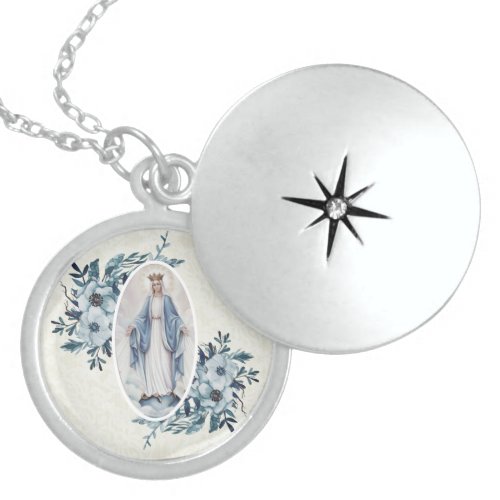 Blue Floral Madonna  Virgin Mary  Lace Locket Necklace