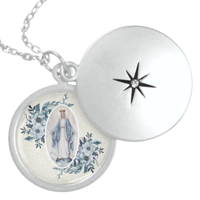 Blue Floral |Madonna | Virgin Mary | Lace Locket Necklace (Front)