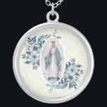 Blue Floral |Madonna | Virgin Mary | Lace Silver Plated Necklace<br><div class="desc">This is a lovely image of the Blessed Madonna Virgin Mary,  Our Lady of Grace with blue flowers on each side and a white lace background.</div>