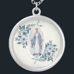 Blue Floral |Madonna | Virgin Mary | Lace Silver Plated Necklace<br><div class="desc">This is a lovely image of the Blessed Madonna Virgin Mary,  Our Lady of Grace with blue flowers on each side and a white lace background.</div>