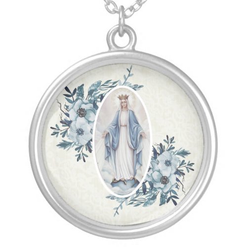 Blue Floral Madonna  Virgin Mary  Lace Silver Plated Necklace