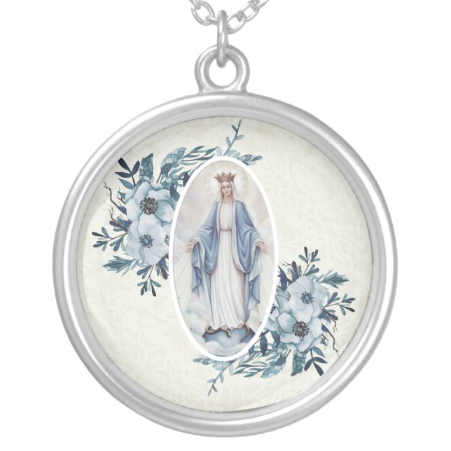 Blue Floral |Madonna | Virgin Mary | Lace Silver Plated Necklace (Front)