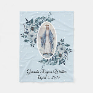 Blue Floral Madonna Virgin Mary White Dots Fleece Blanket