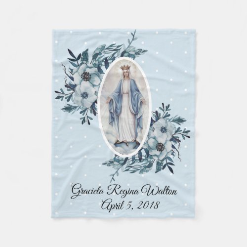 Blue Floral Madonna  Virgin Mary  White Dots Fleece Blanket