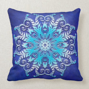 Blue floral mandala on grunge background. throw pillow