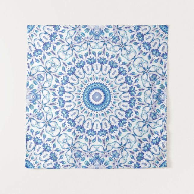 Blue Floral Mandala Tapestry (Front)