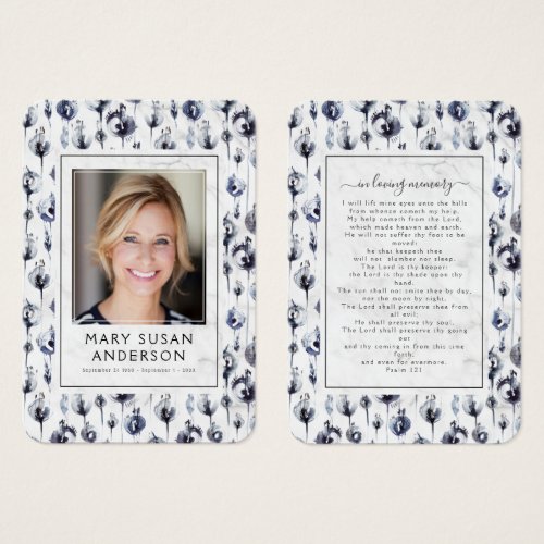 Blue Floral Marble Photo Memorial Prayer Card