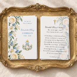 Blue Floral Marian Catholic Memorial Prayer Card