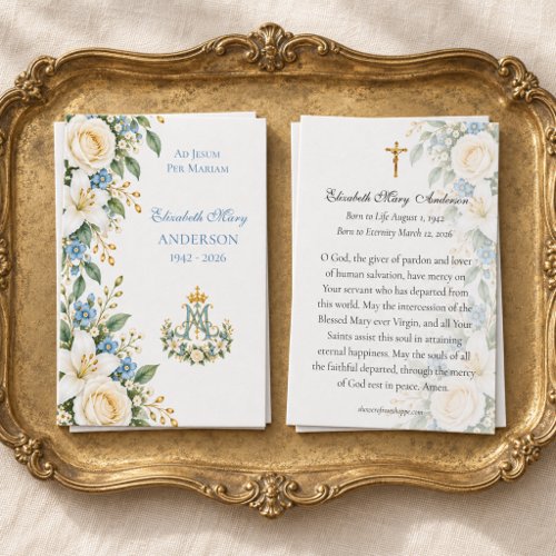 Blue Floral Marian Catholic Memorial Prayer Card