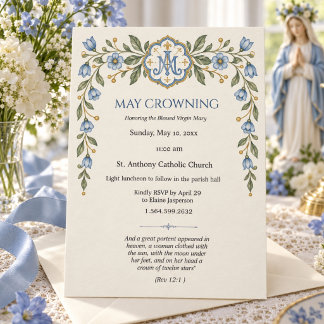 Blue Floral Marian May Crowning Catholic Invitation