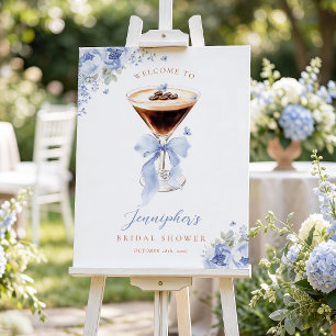 Blue Floral Martini Bridal Shower Welcome Sign