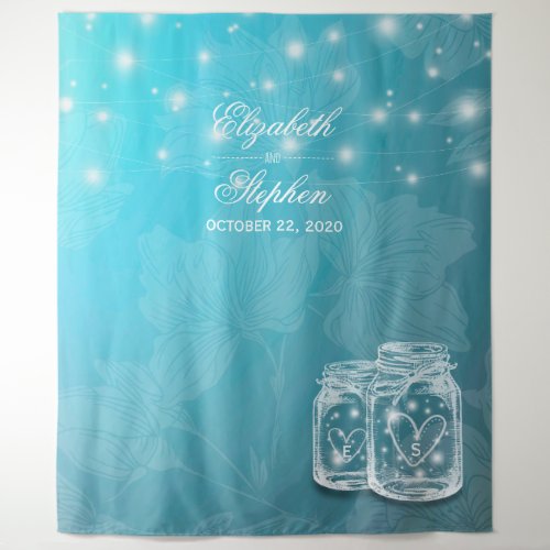 Blue Floral Mason Jar Wedding Photo Booth Backdrop