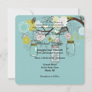 Blue Floral Mason Jars Wedding Invitation