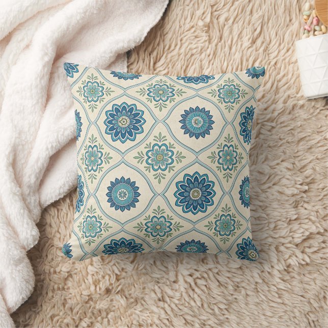 Blue Floral Medallions Pattern on Ivory Throw Pillow (Blanket)