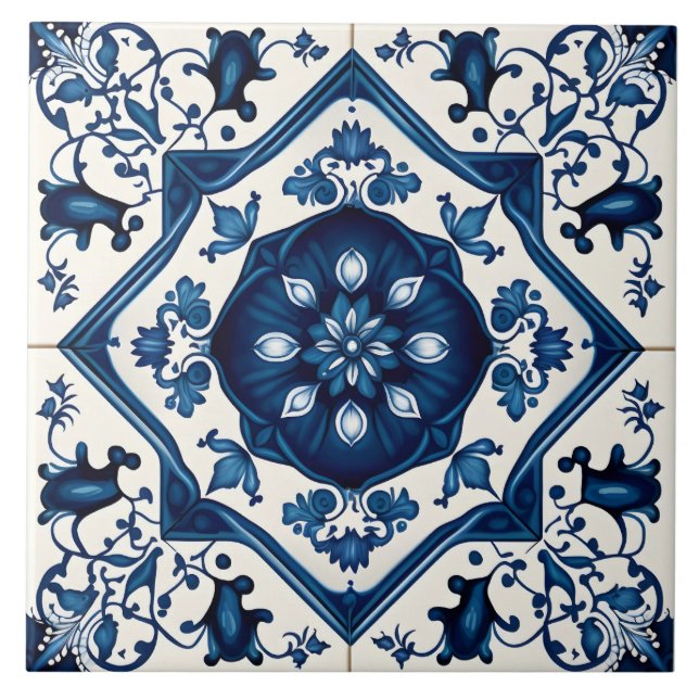 Blue Floral Mediterranean Decorative Ceramic Tile (Front)
