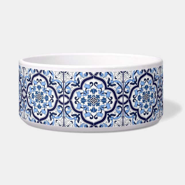  Blue Floral Mediterranean Sicilian Tile Pet Bowl (Front)