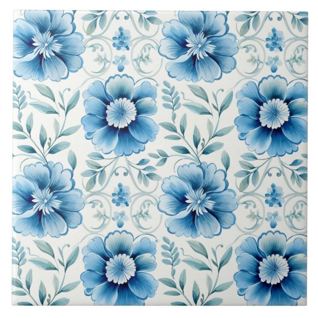Blue Floral Mediterrean Elegant Ceramic Tile (Front)