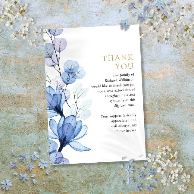 Blue Floral Memorial Celebration Of Life Funeral Thank You Card | Zazzle