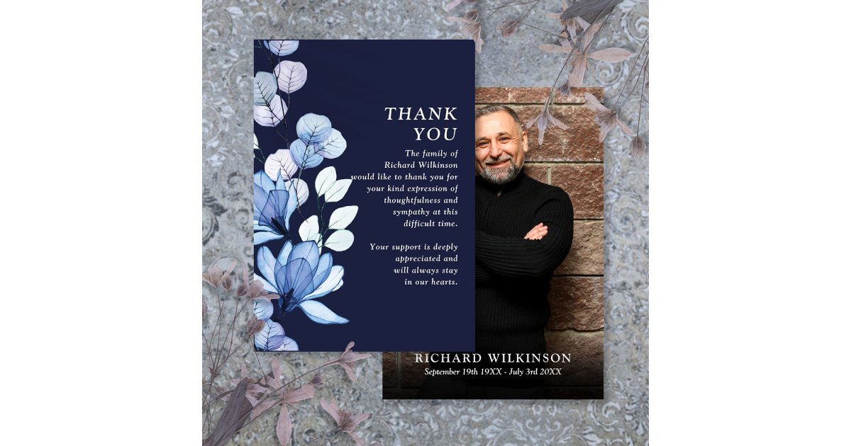 Blue Floral Memorial Celebration Of Life Photo Thank You Card | Zazzle