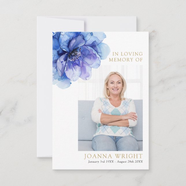 Blue Floral Memorial Funeral Prayer Photo Card (Front)