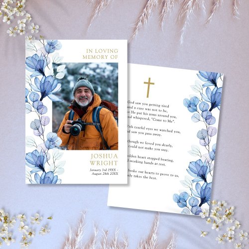 Blue Floral Memorial Funeral Prayer Photo Card