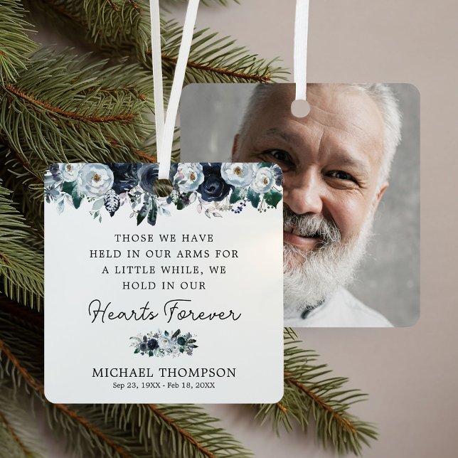 Blue Floral Memorial Photo Keepsake Metal Ornament (Creator Uploaded)