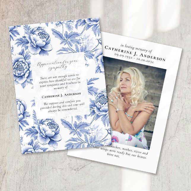Blue Floral Memorial Photo Sympathy Funeral Thank You Card (Creator Uploaded)